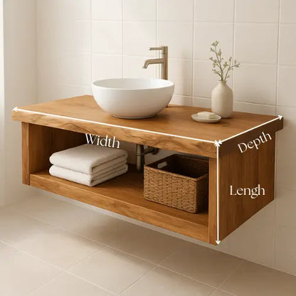 Handcrafted Floating Solid Wood Bathroom Vanity – Live Edge Countertop with Open Storage Shelf – Minimalist Natural Design Lynnsnail