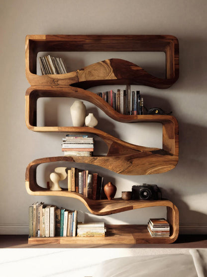 Modern Curved Bookshelf With Flowing Design For Bedroom Lynnsnail