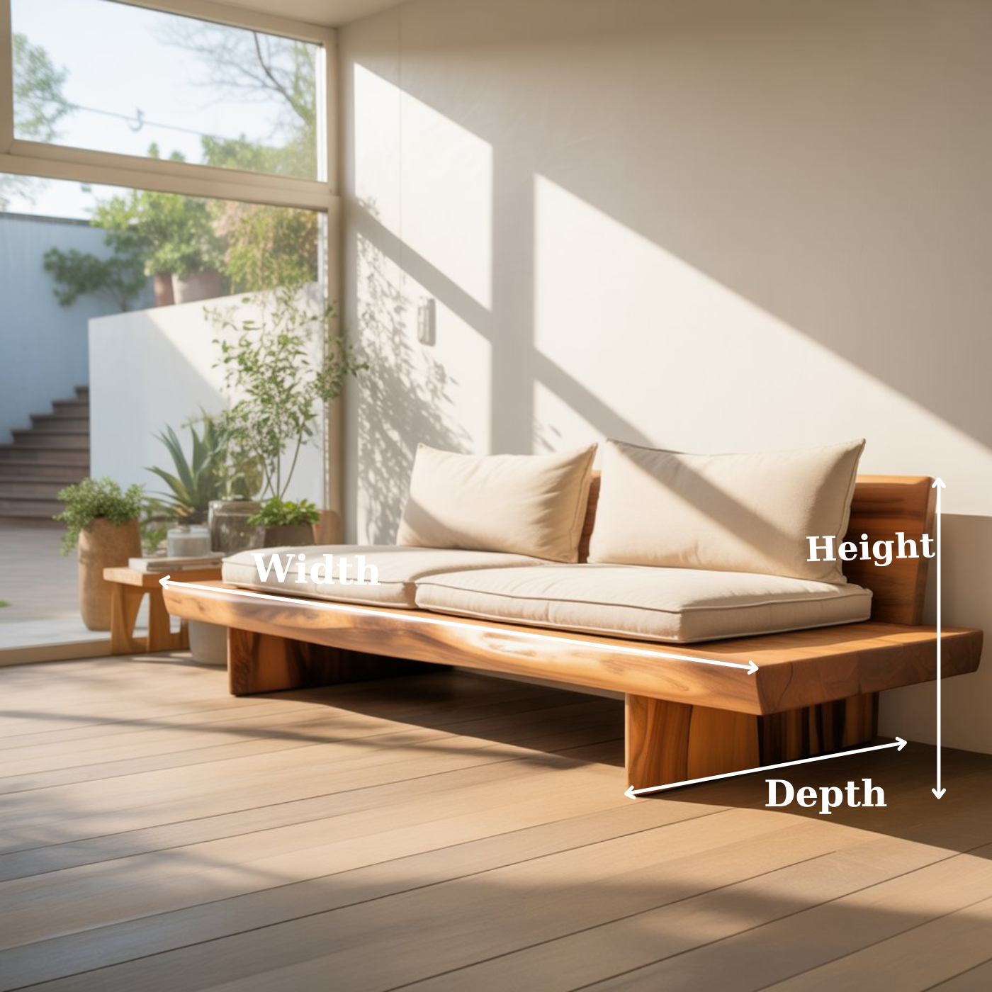 Handcrafted Solid Wood Sofa – Low Minimalist Design with Natural Live Edge and Linen Cushions Lynnsnail