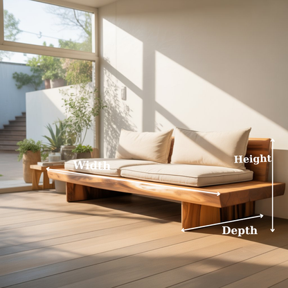 Handcrafted Solid Wood Sofa – Low Minimalist Design with Natural Live Edge and Linen Cushions Lynnsnail