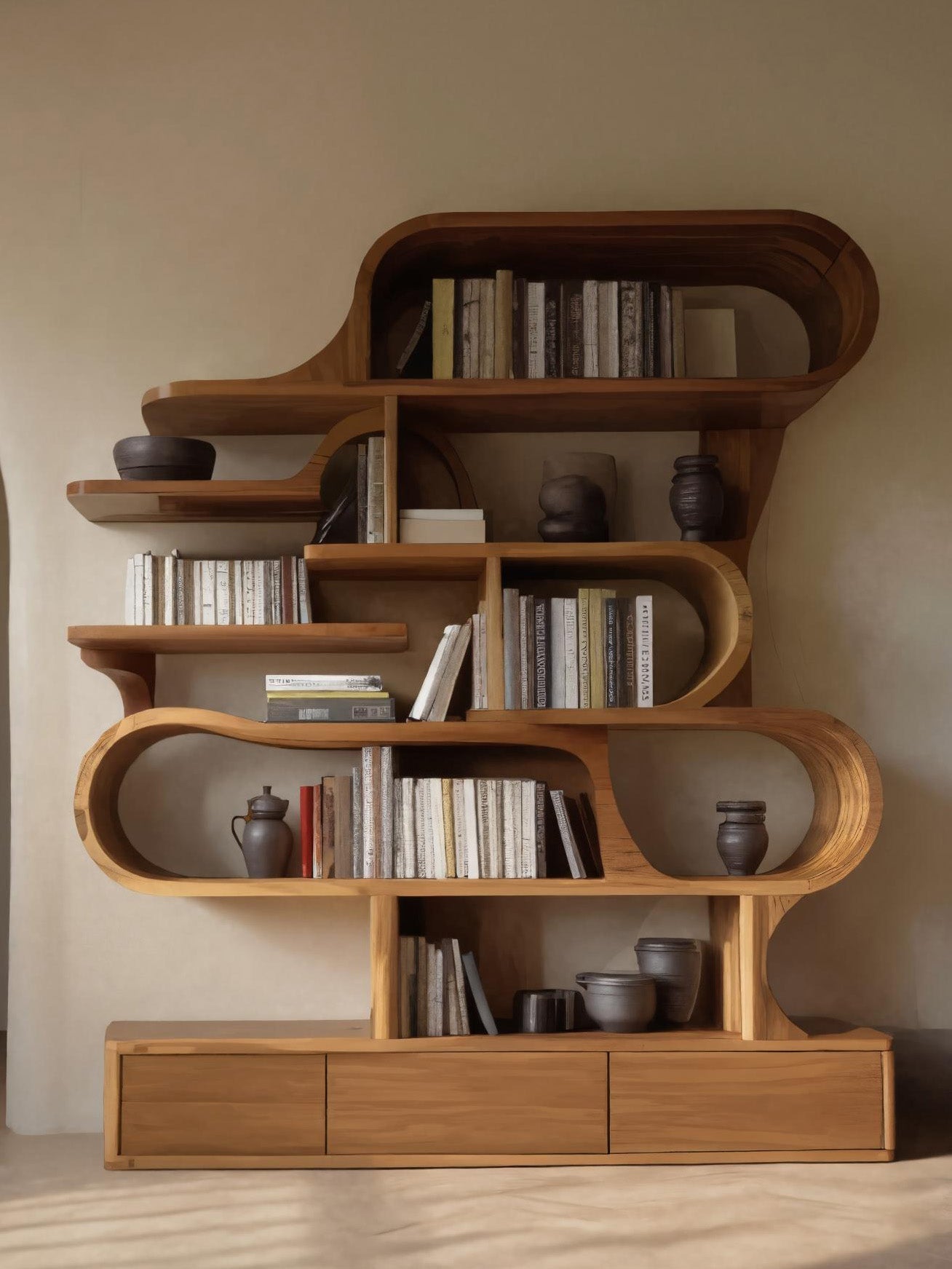 Modern Sculptural Bookshelf With Curved Design For Living Room Or Office Lynnsnail