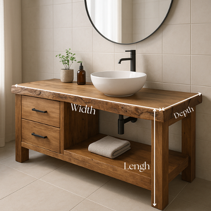 Handcrafted Solid Wood Bathroom Vanity – Live Edge Countertop with Drawers & Open Shelf – Rustic Modern Design for Natural Spa Interiors Lynnsnail
