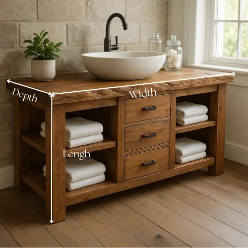 Handcrafted Solid Wood Bathroom Vanity – Live Edge Top with 3 Drawers & Open Shelving Lynnsnail