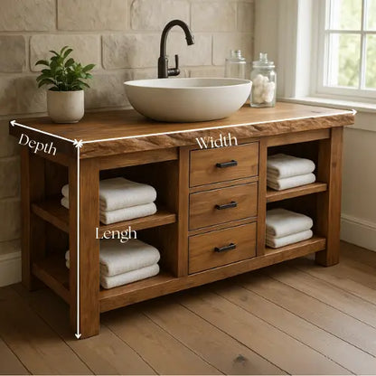 Handcrafted Solid Wood Bathroom Vanity – Live Edge Top with 3 Drawers & Open Shelving Lynnsnail