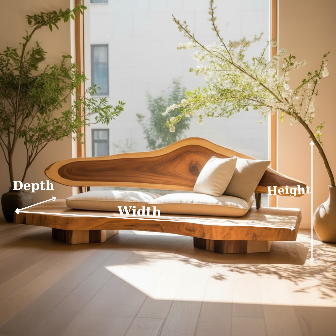 Handcrafted Solid Wood Sofa – Sculptural Live Edge Couch with Organic Form and Linen Cushions Lynnsnail