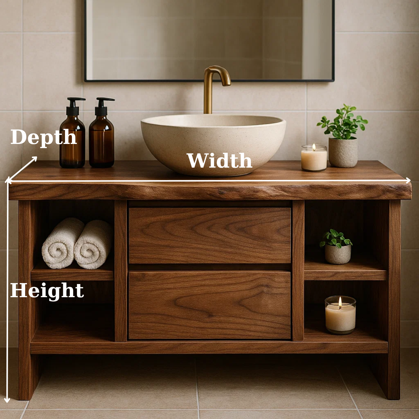 Handcrafted Solid Wood Single Vanity - Rustic Walnut Live Edge Bathroom Console Lynnsnail