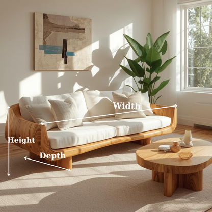 Handcrafted Solid Wood Sofa – Modern Curved Frame with Linen Cushions and Natural Finish Lynnsnail