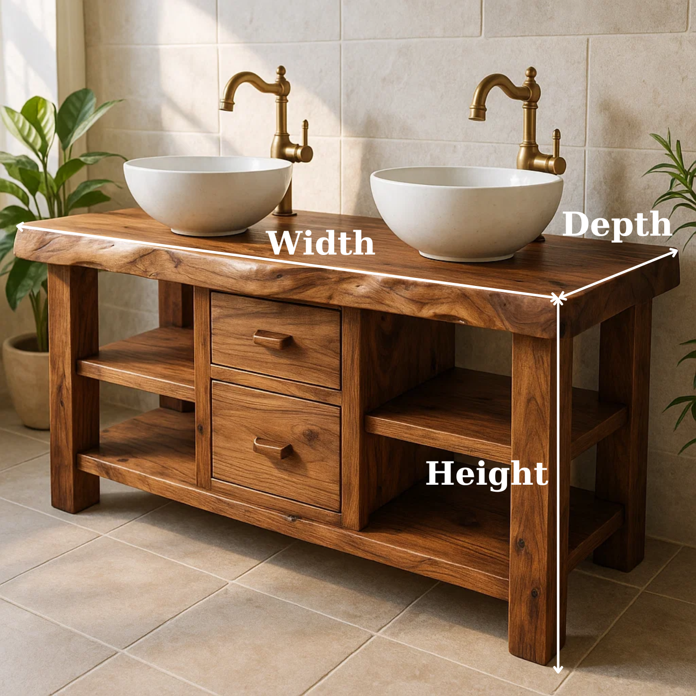 Handcrafted Solid Wood Floating Double Vanity - Live Edge Top, 2 Drawers & Open Shelves Lynnsnail