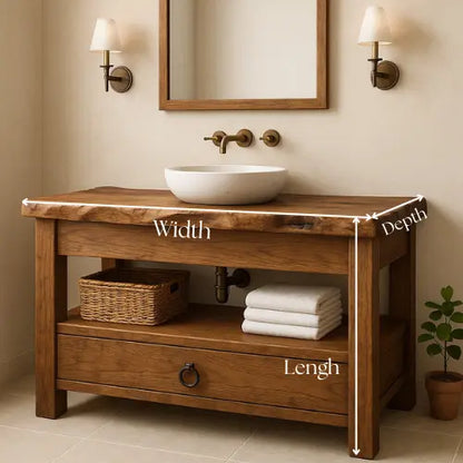 Handcrafted Solid Wood Bathroom Vanity – Live Edge Countertop with Drawer and Shelf – Rustic Organic Farmhouse Sink Console Lynnsnail