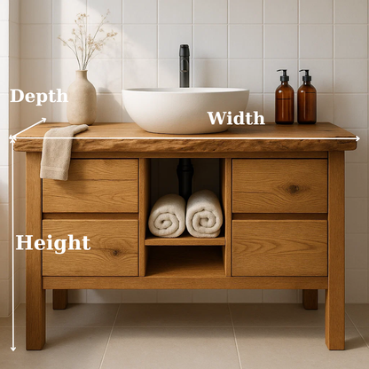 Handcrafted Solid Wood Bathroom Vanity - Live Edge Top with Drawers & Open Shelf Storage Lynnsnail