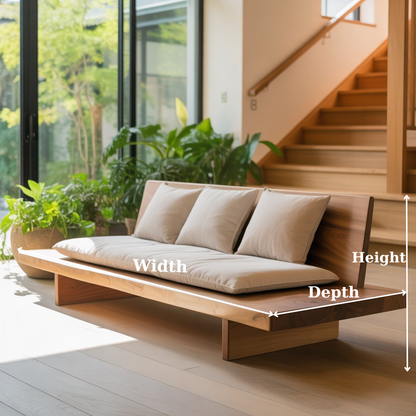 Handcrafted Solid Wood Sofa – Low Japanese Style Couch with Minimalist Design and Linen Cushions Lynnsnail