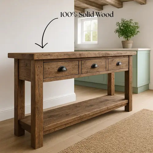 Rustic Solid Wood Console Table with Black Iron Handles, Handcrafted Lynnsnail