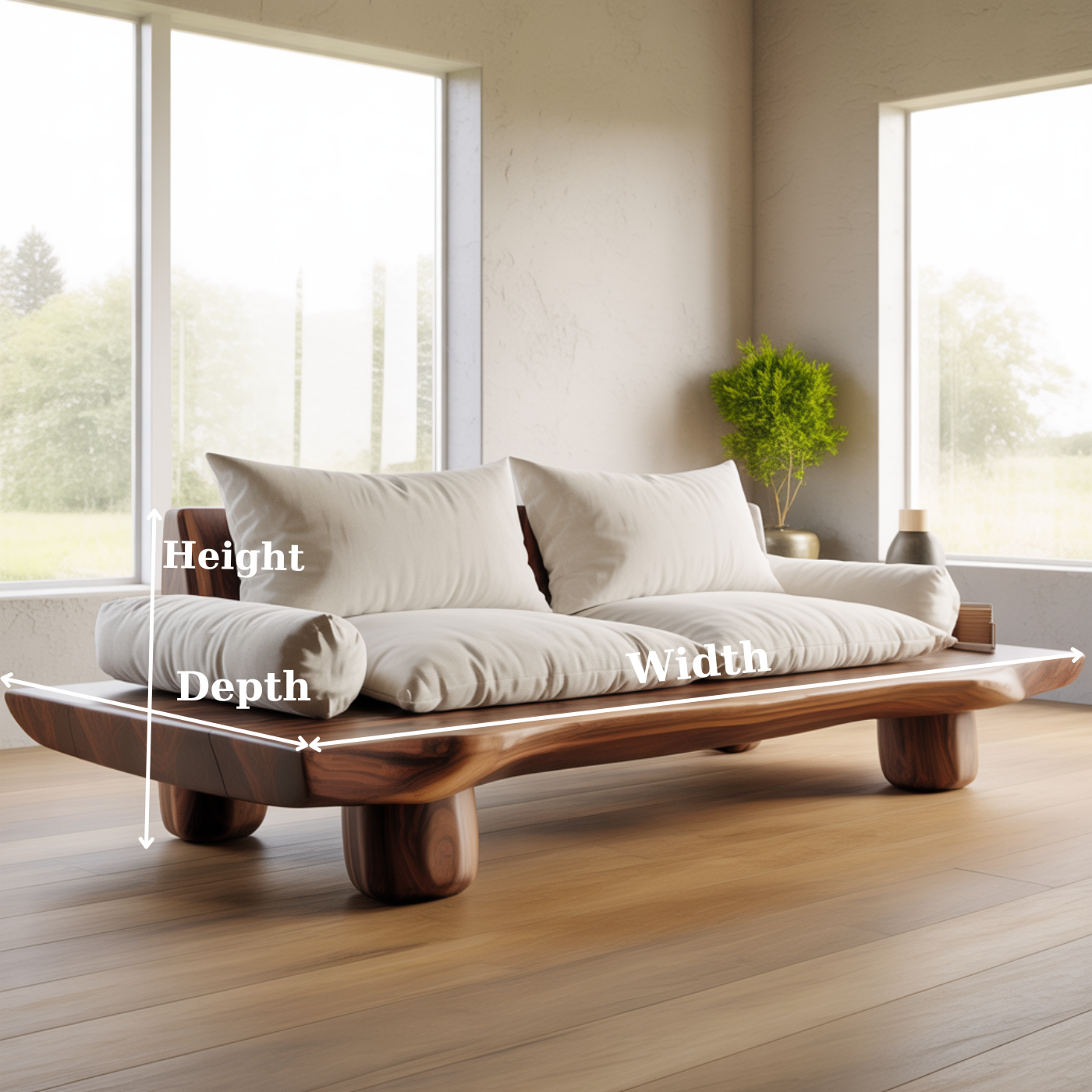 Handcrafted Solid Walnut Sofa – Low Organic Wood Couch with Linen Cushions and Rounded Legs Lynnsnail