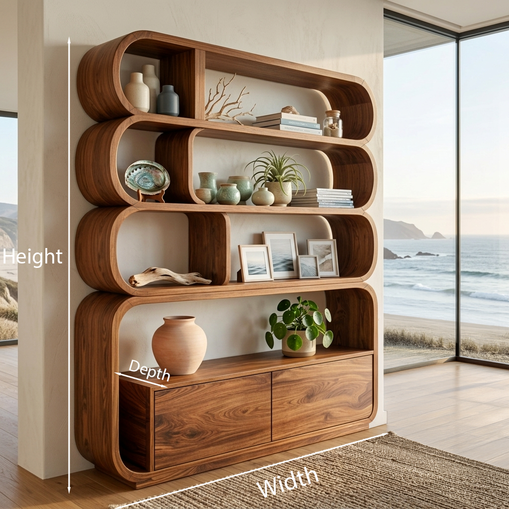 Modern Natural Wood Bookshelf With Curved Structure For Living Room Lynnsnail