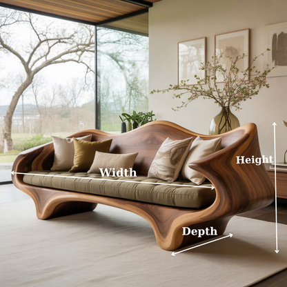 Handcrafted Solid Wood Sofa – Sculptural Organic Wood Couch with Artistic Curves and Cushion Seat Lynnsnail