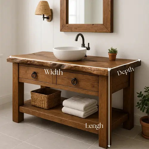 Handcrafted Live Edge Bathroom Vanity – Solid Wood Sink Console with Rustic Drawers and Open Storage Shelf Lynnsnail