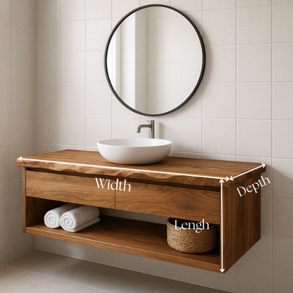 Handcrafted Floating Solid Wood Bathroom Vanity – Live Edge Countertop with Drawer and Open Shelf – Modern Organic Wall-Mount Design Lynnsnail