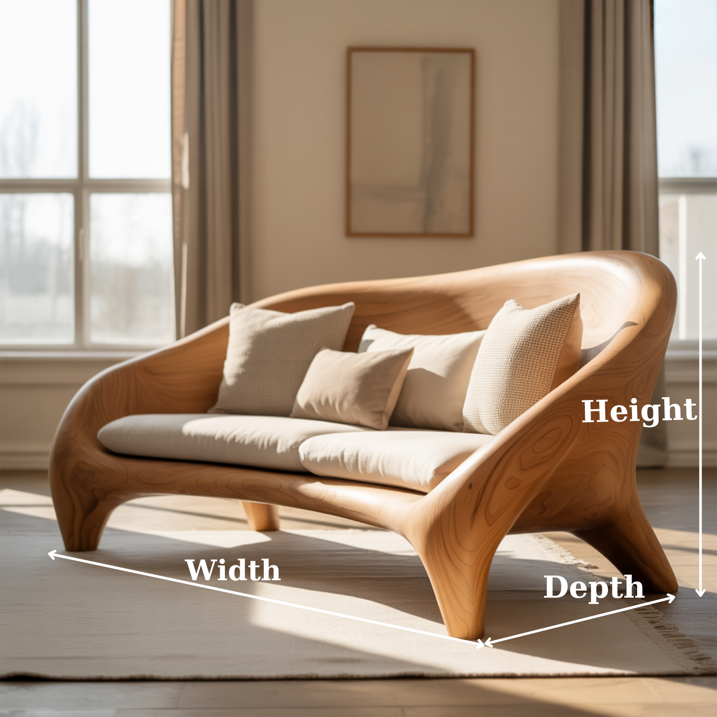 Handcrafted Solid Wood Sofa – Modern Organic Curved Couch with Smooth Sculptural Frame and Linen Cushions Lynnsnail