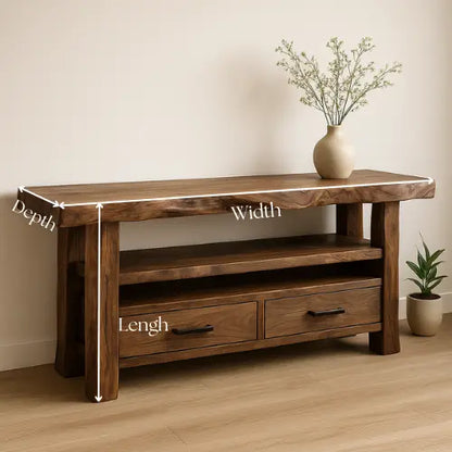 Handcrafted Solid Wood Live Edge Console Table – Rustic Walnut Design with Drawers and Open Shelf Lynnsnail