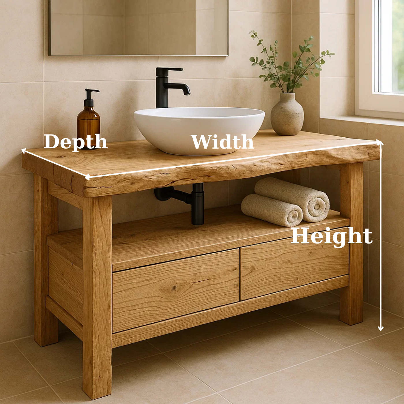 Handcrafted Solid Wood Bathroom Vanity - Live Edge Rustic Stand with Drawers & Shelf Lynnsnail