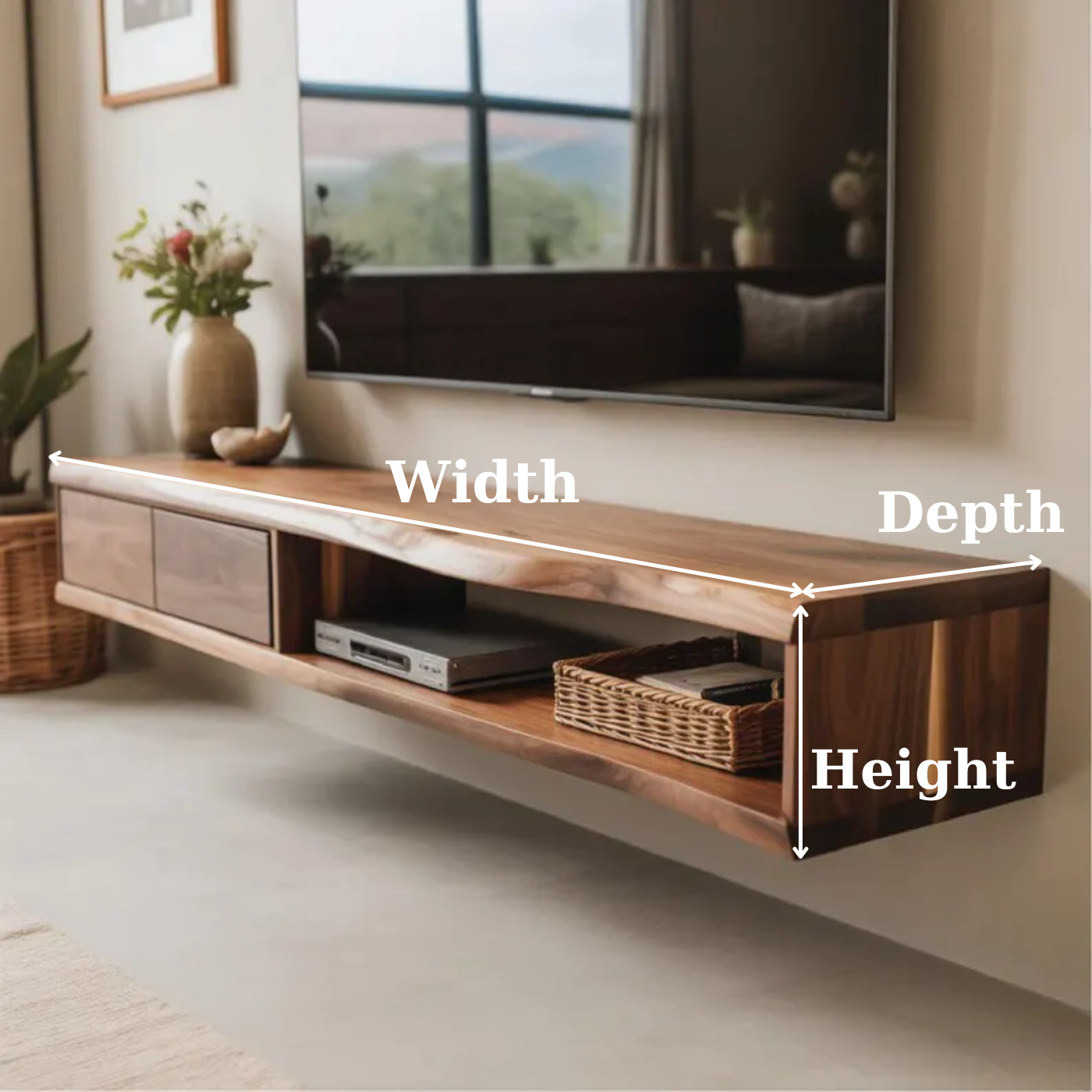 Handcrafted Solid Wood Floating TV Stand, Live Edge Media Console, Wall-Mounted Lynnsnail