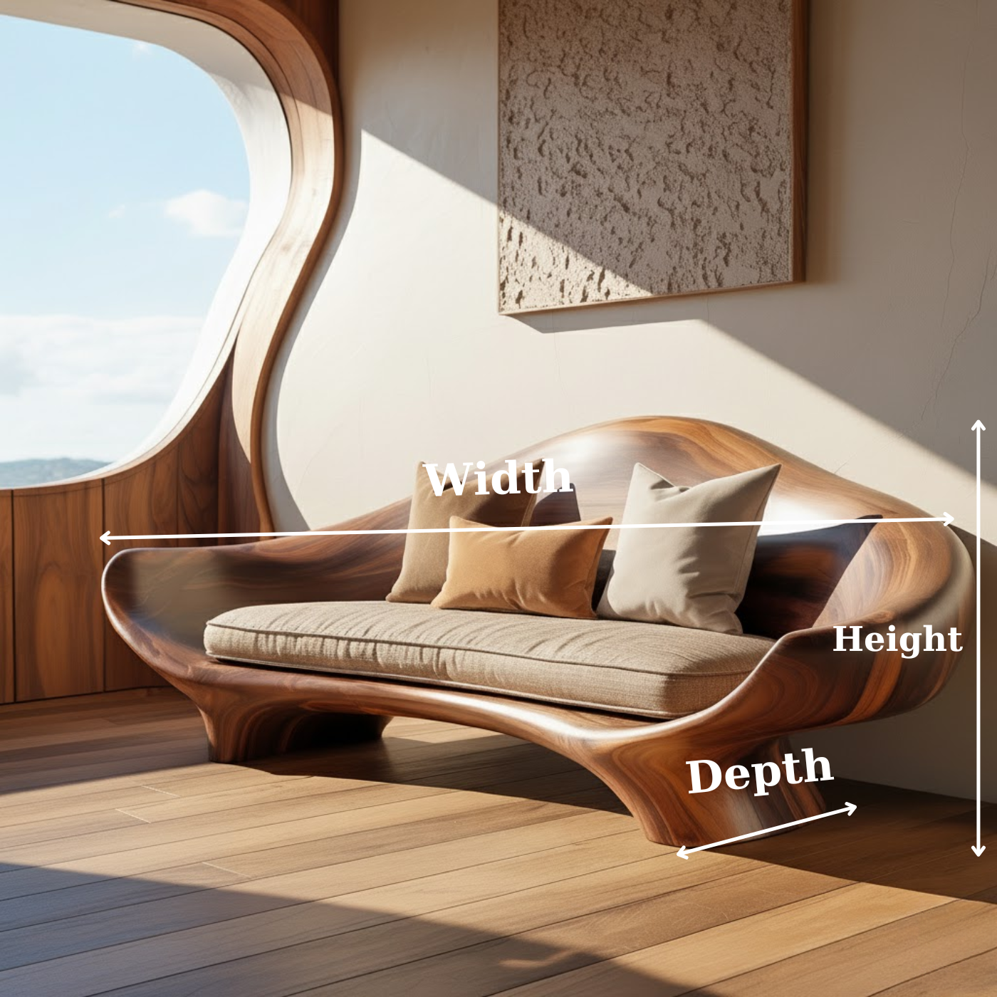 Handcrafted Solid Wood Sofa – Sculptural Organic Wood Couch with Smooth Curves and Linen Cushion Lynnsnail