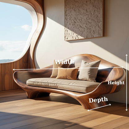Handcrafted Solid Wood Sofa – Sculptural Organic Wood Couch with Smooth Curves and Linen Cushion Lynnsnail