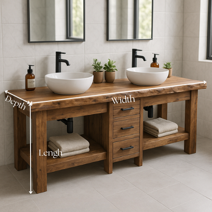 Handcrafted Solid Wood Double Bathroom Vanity – Live Edge Top with 3 Drawers & Open Shelves Lynnsnail