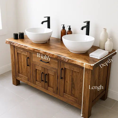 Handcrafted Solid Wood Double Sink Bathroom Vanity – Rustic Live Edge Countertop with Cabinets & Center Drawer – Farmhouse Natural Finish Lynnsnail