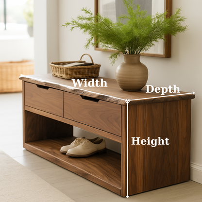 Handcrafted Solid Wood Bench – Live-Edge Entryway Bench with Drawers Lynnsnail