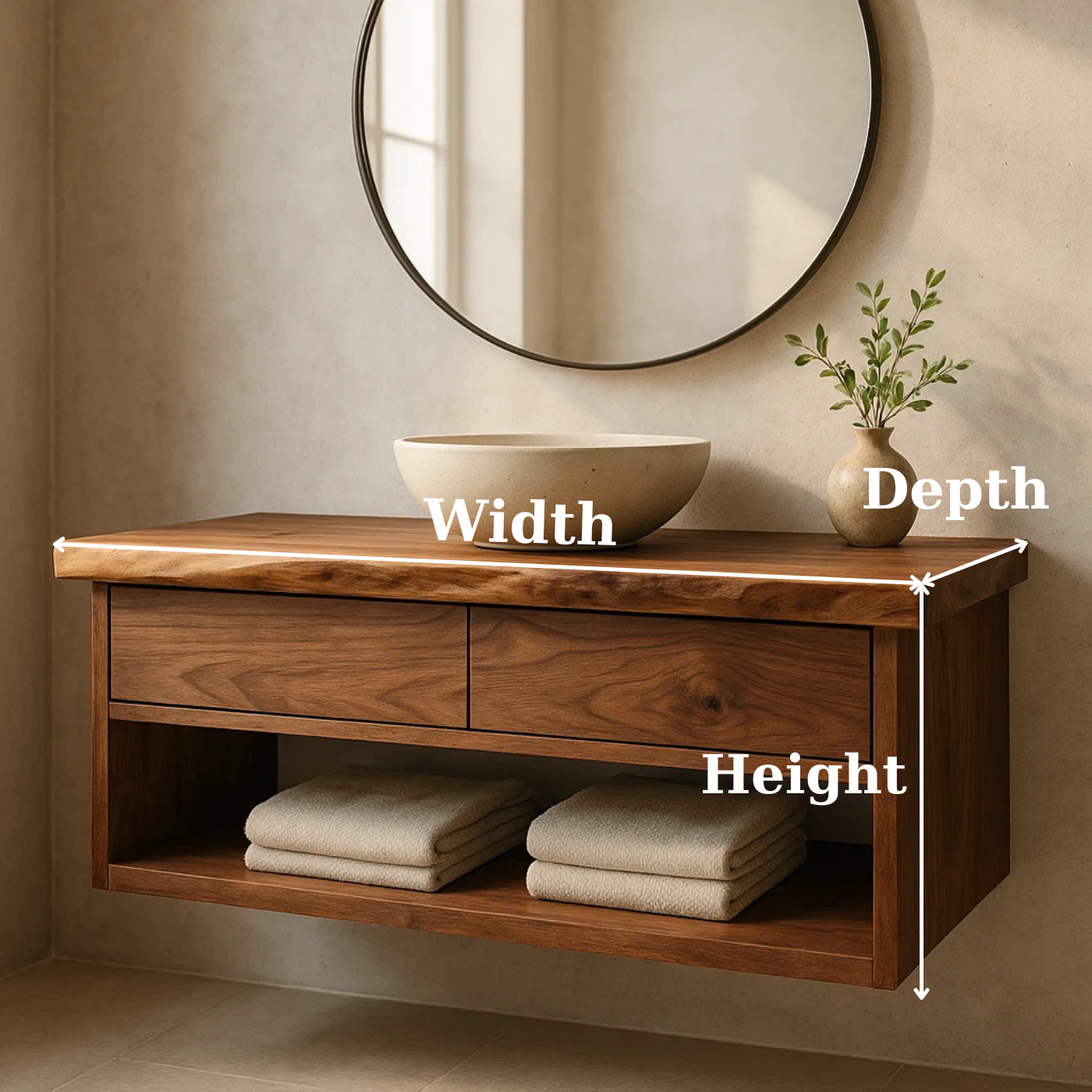 Handcrafted Solid Wood Floating Vanity - Live Edge Walnut with 2 Drawers & Open Shelf Lynnsnail