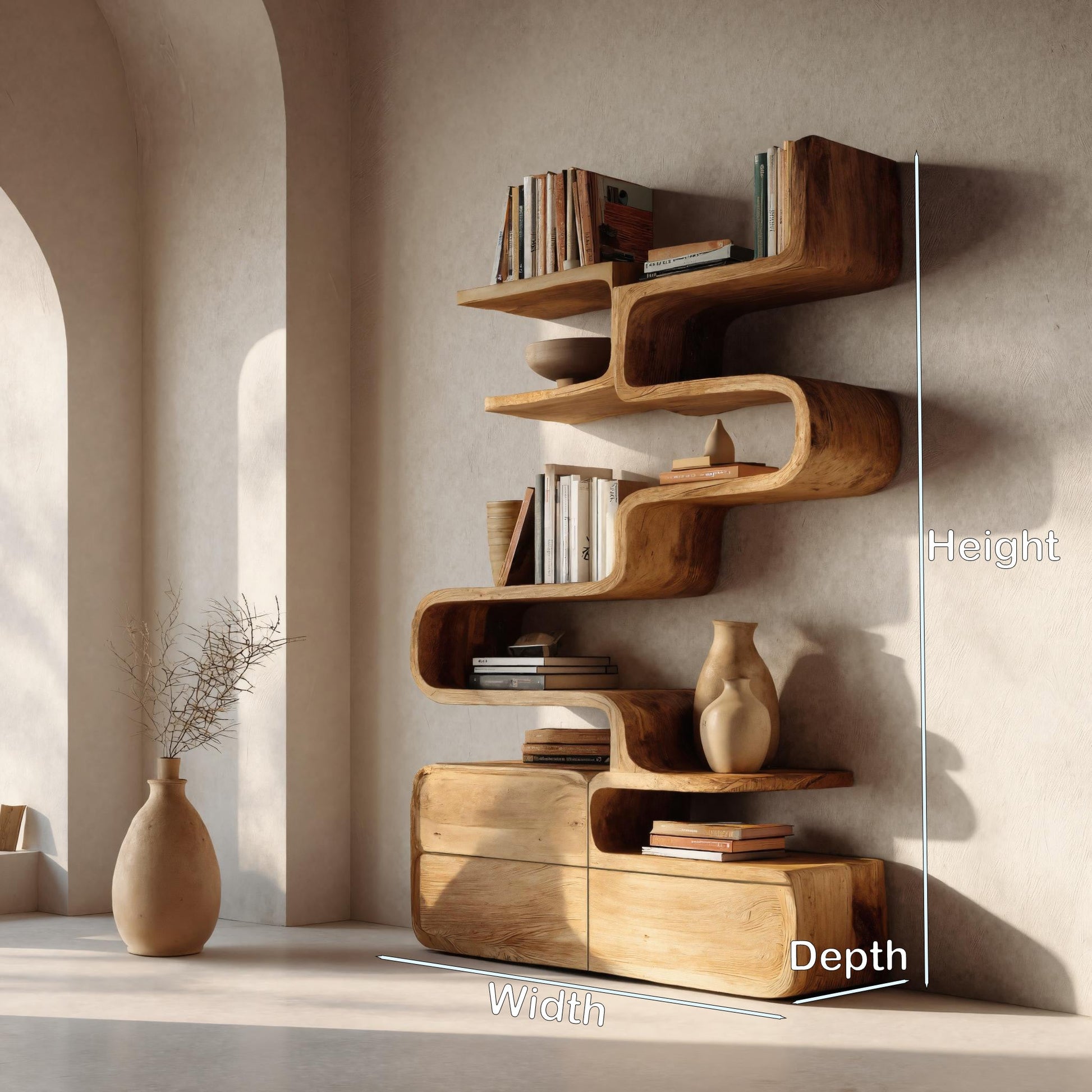 Scandinavian Sculptural Wooden Bookshelf With Organic Shape For Living Room Lynnsnail