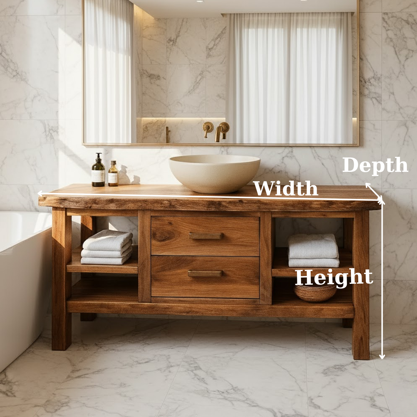 Handcrafted Solid Wood Bathroom Vanity - Live Edge Top, 2 Drawers & Open Frame Shelving Lynnsnail