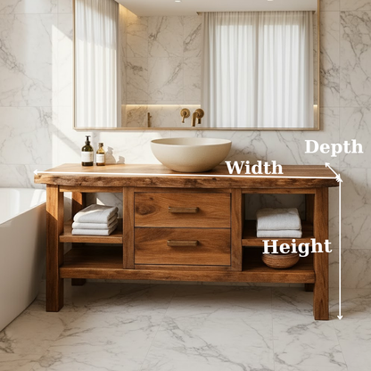 Handcrafted Solid Wood Bathroom Vanity - Live Edge Top, 2 Drawers & Open Frame Shelving Lynnsnail