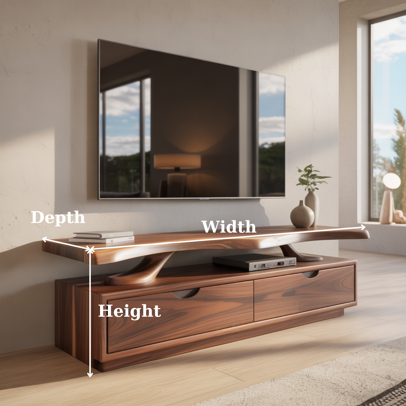 Handcrafted Solid Wood TV Stand with Sculpted Live-Edge Floating Shelf Lynnsnail