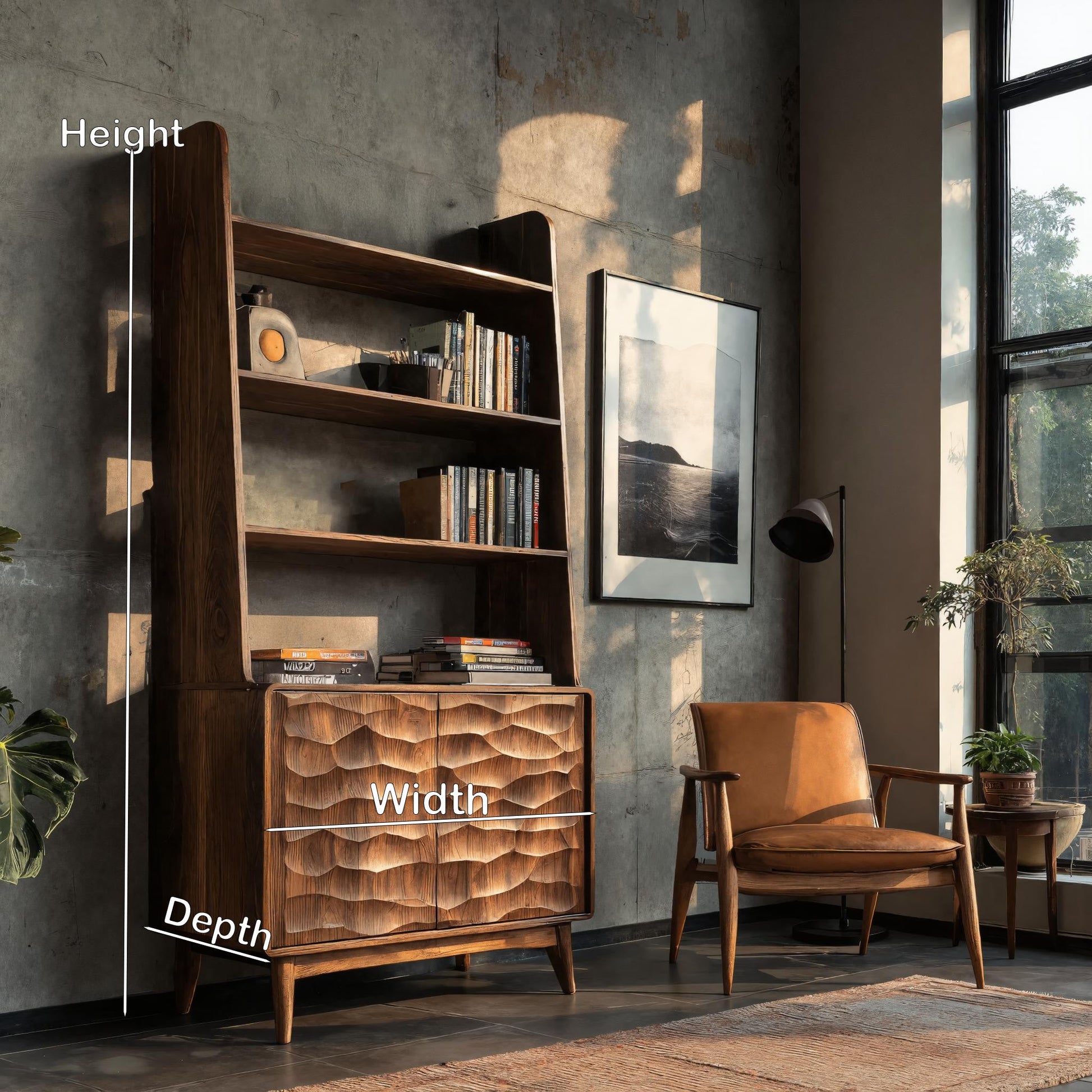 Modern Bookshelf With Carved Wave Cabinet Doors For Home Lynnsnail