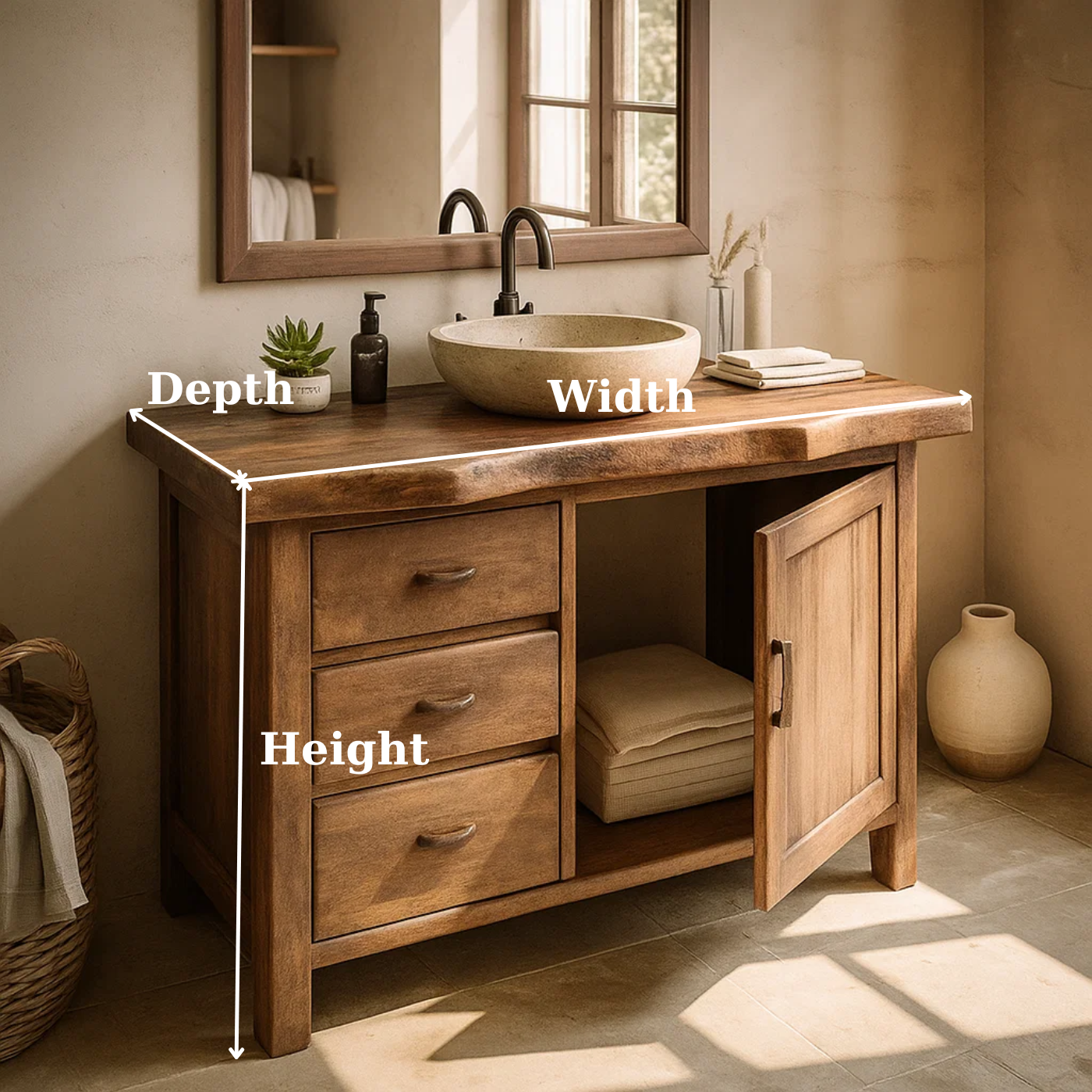 Handcrafted Solid Wood Bathroom Vanity with Live-Edge Top and Storage Drawers Lynnsnail