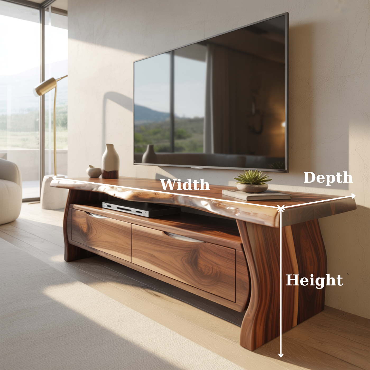 Handcrafted Live-Edge Solid Wood TV Stand with Sculpted Curved Base Lynnsnail