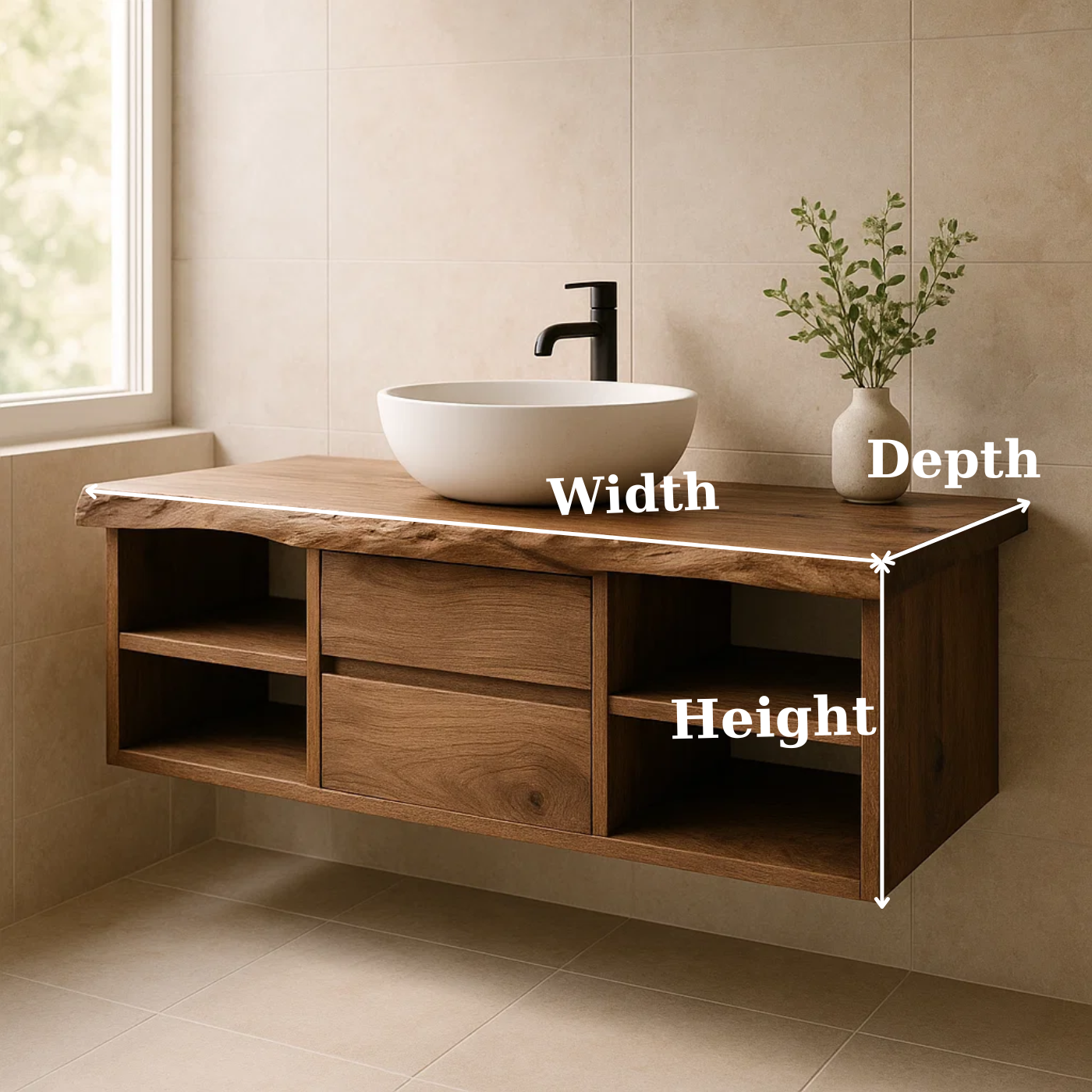 Handcrafted Solid Wood Floating Vanity - Live Edge Console with Central Drawers & Open Shelving Lynnsnail