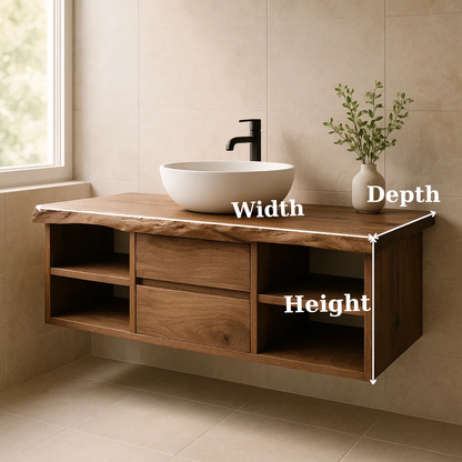 Handcrafted Solid Wood Floating Vanity - Live Edge Console with Central Drawers & Open Shelving Lynnsnail