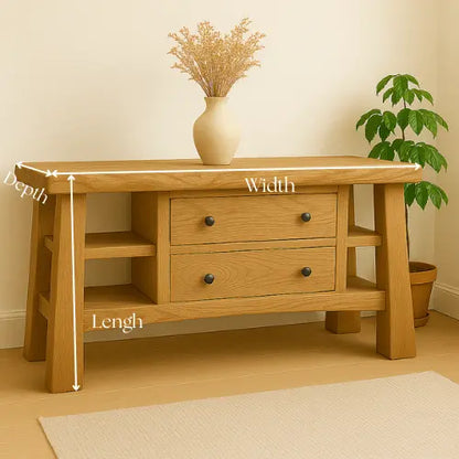 Handcrafted Solid Wood Console Table – Modern Rustic Oak with Drawers and Side Shelves Lynnsnail