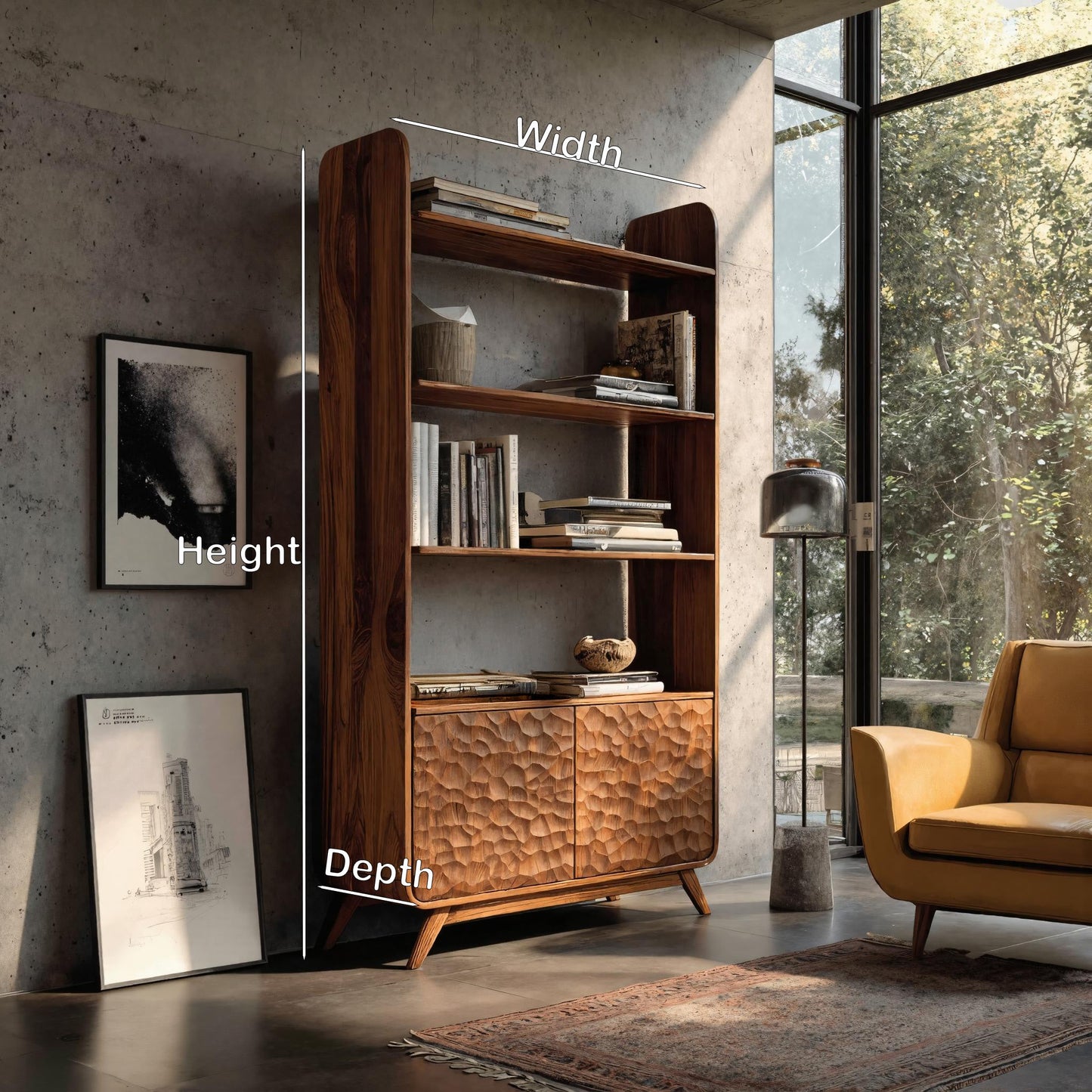 Contemporary Wooden Bookshelf With Sculpted Door Panels For Living Lynnsnail