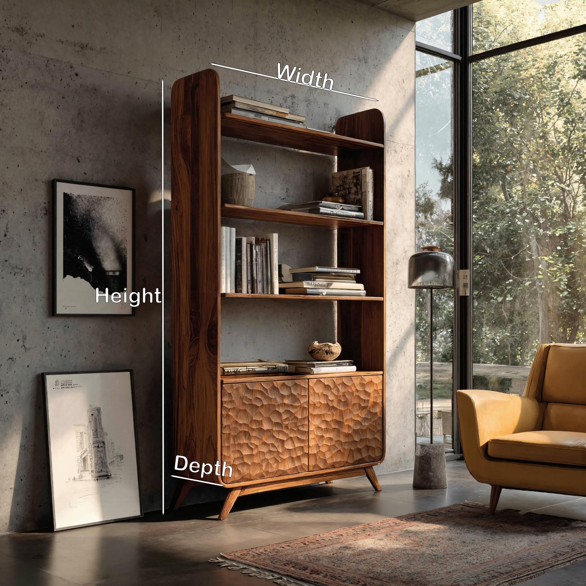 Contemporary Wooden Bookshelf With Sculpted Door Panels For Living Lynnsnail