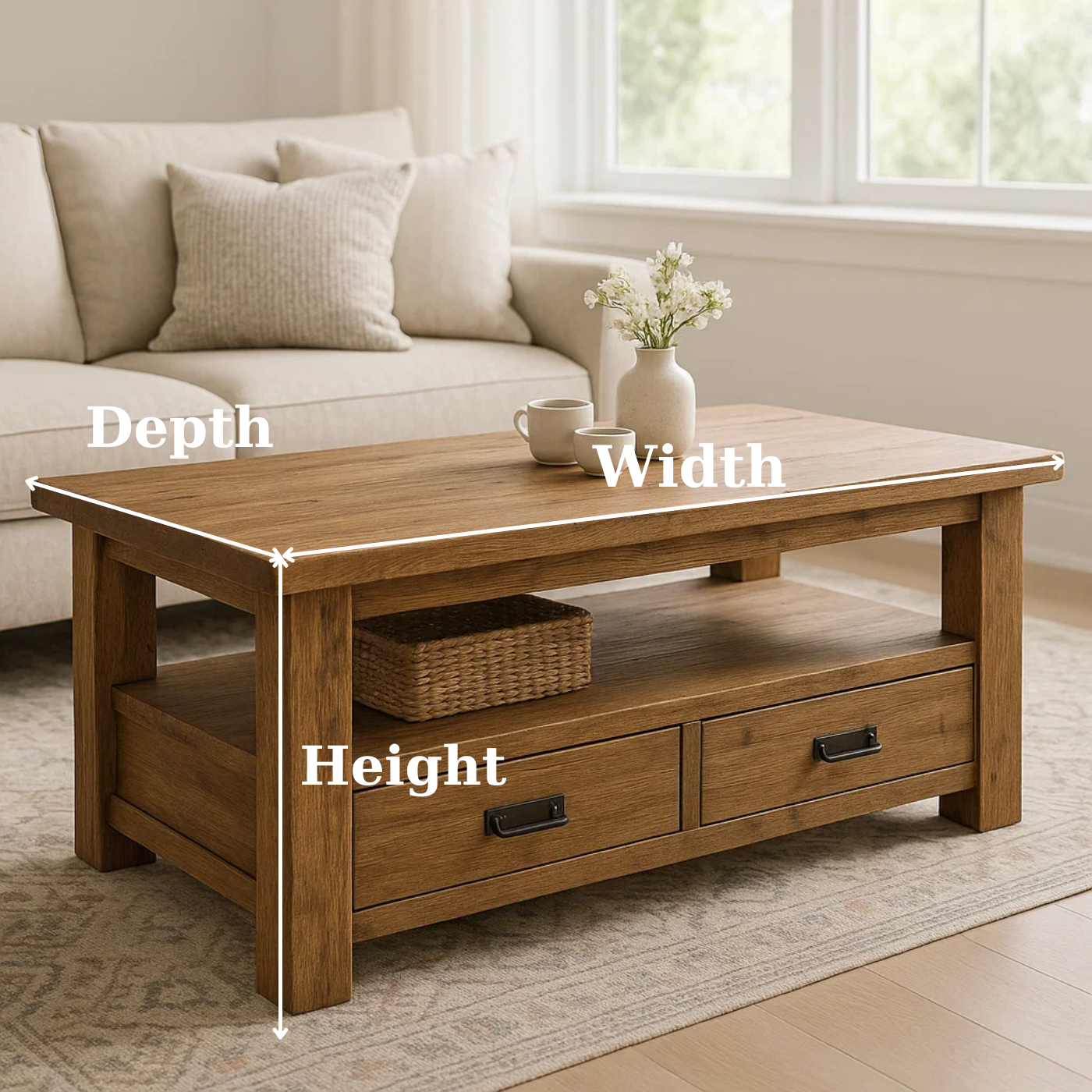 Handcrafted Solid Wood Coffee Table – Rustic Farmhouse Storage with Two Drawers and Shelf Lynnsnail