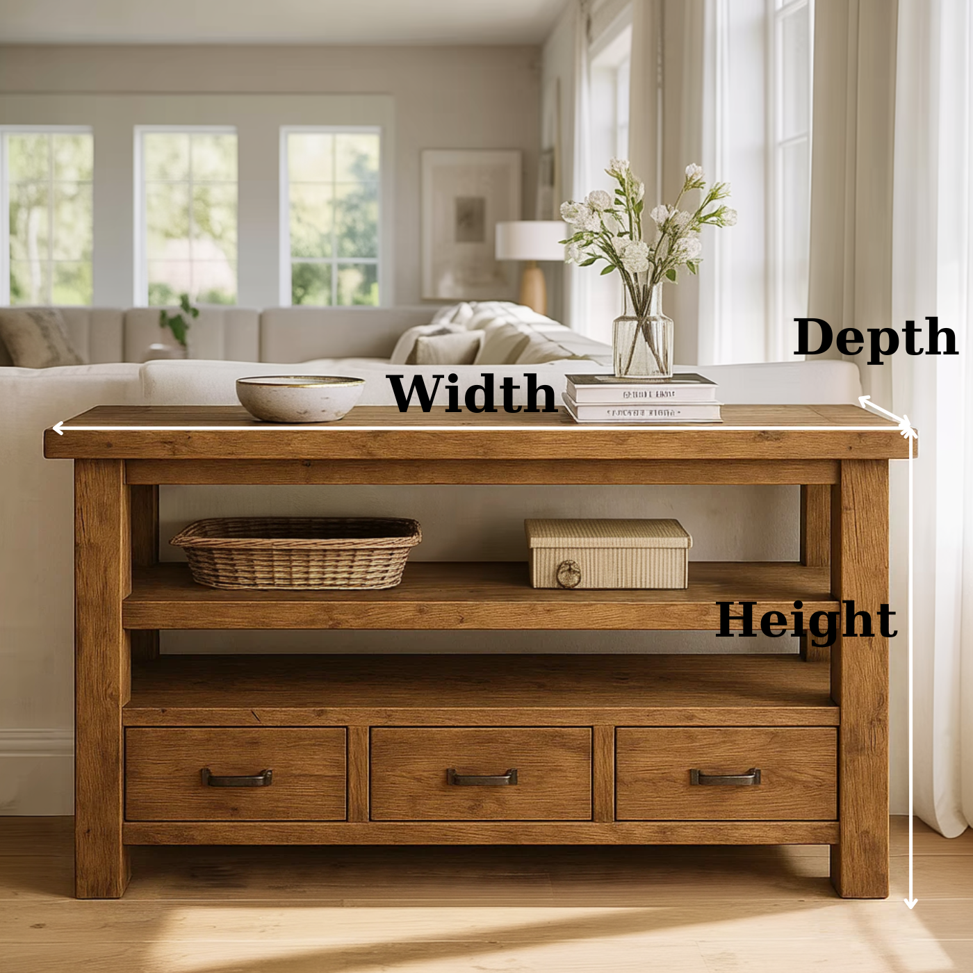 Handcrafted Solid Wood Console Table – Farmhouse Style with Three Storage Drawers Lynnsnail