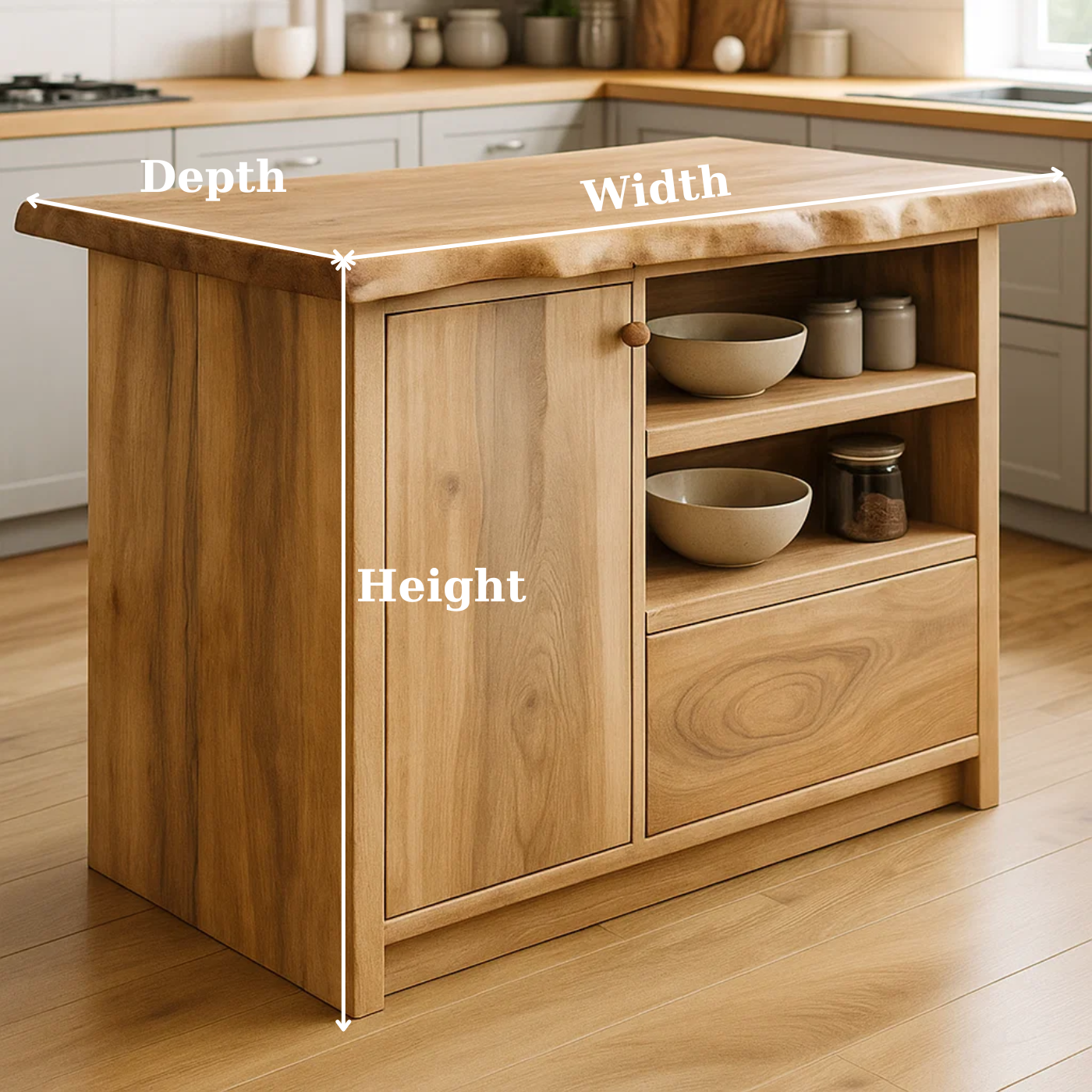 Handcrafted Solid Wood Kitchen Island with Live-Edge Top and Open Storage Shelves Lynnsnail