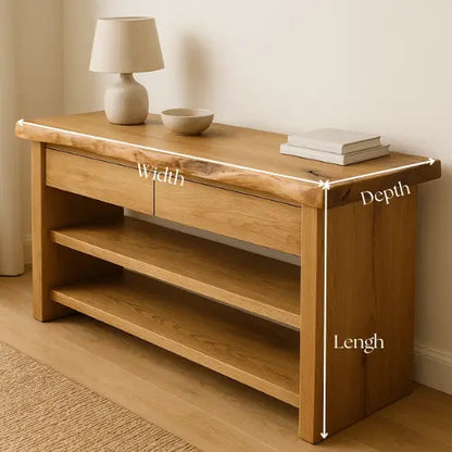 Handcrafted Solid Wood Live Edge Console Table – Natural Oak with Drawers and Open Shelves Lynnsnail
