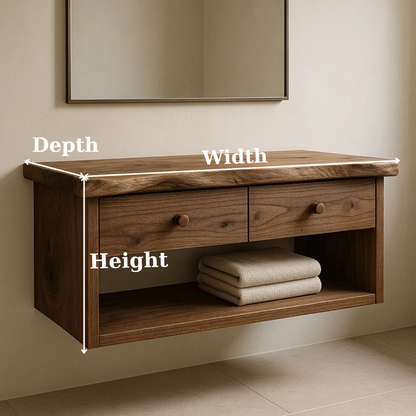 Handcrafted Solid Wood Floating Vanity - Live Edge Walnut Console with 2 Drawers & Open Shelf Lynnsnail