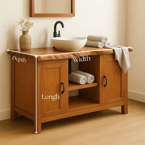 Handcrafted Solid Wood Bathroom Vanity – Live Edge Top with Dual Cabinets and Open Shelf Lynnsnail