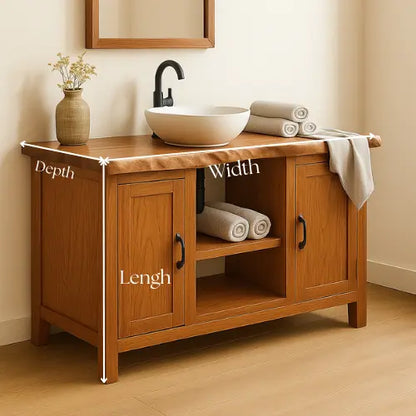 Handcrafted Solid Wood Bathroom Vanity – Live Edge Top with Dual Cabinets and Open Shelf Lynnsnail